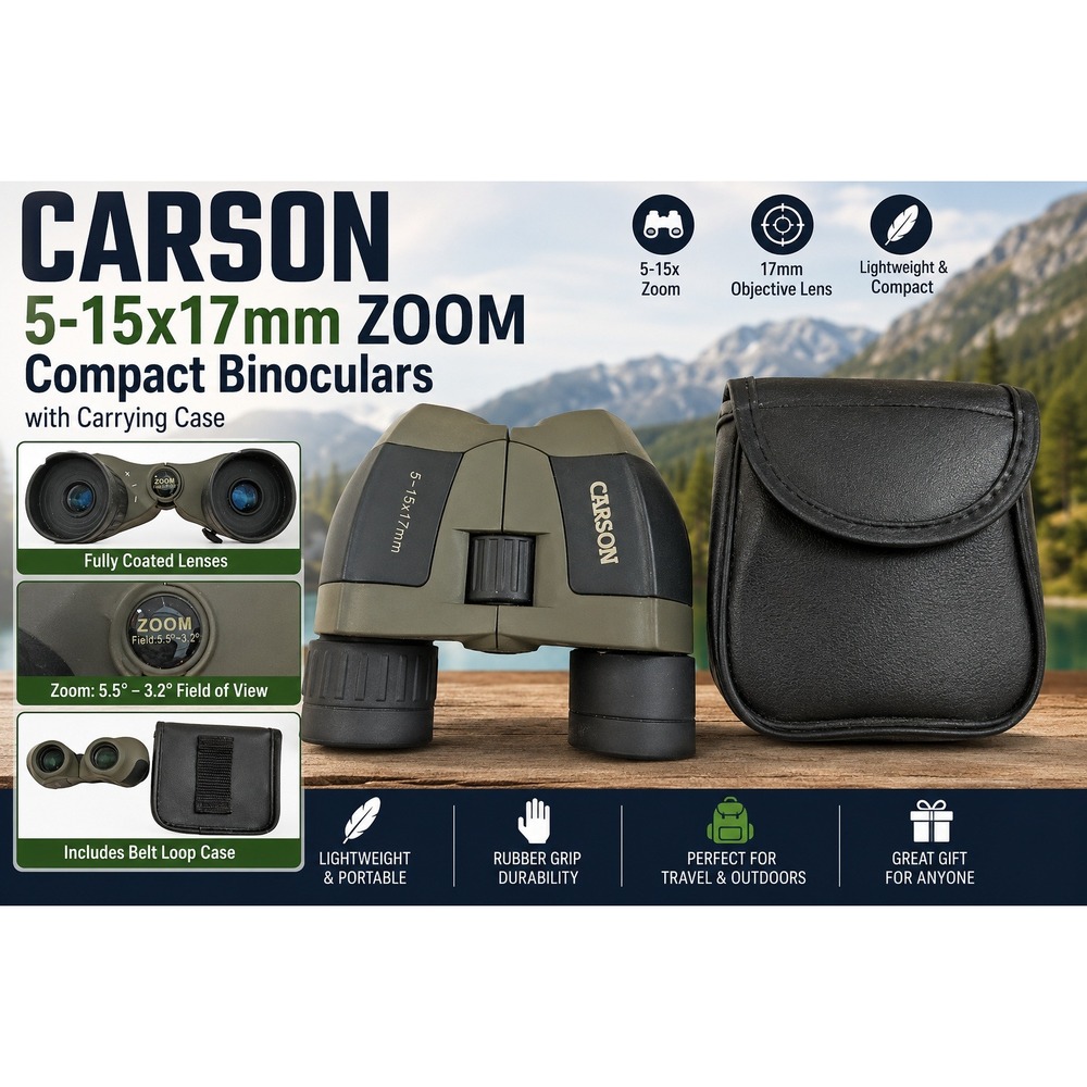 Carson 5-15x17mm Zoom Compact Binoculars Green Rubber Grip with Carrying Case